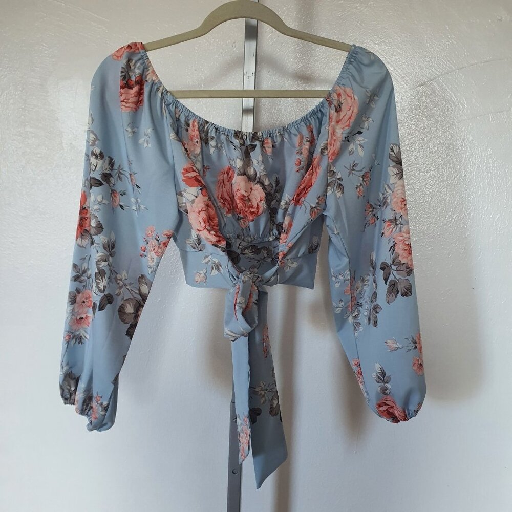 Floral Off‎ Shoulder Crop Blouse  Sz L Juniors Puff Long Sleeve Blue Flowers